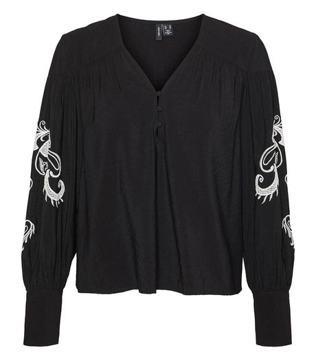 VERO MODA Charlotte Embroidered Sleeve Top Black Size S!