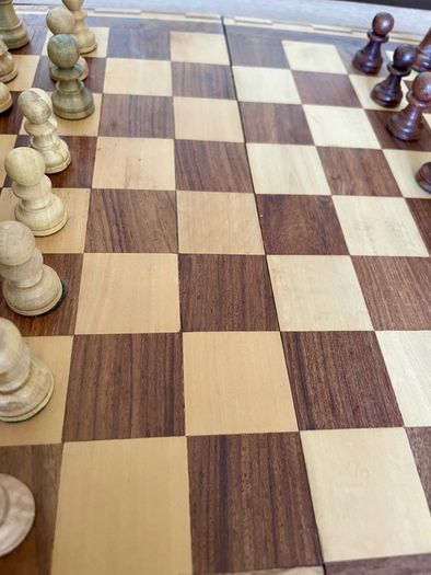 Vintage Marquetry Inlaid Folding Wooden Chess Board Chess Pieces Dice and Counters