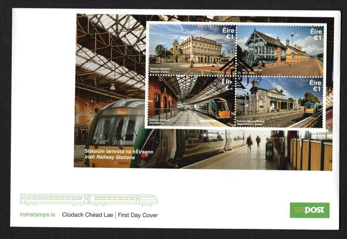 2017 Ireland Irish Railway Stations (Heuston, Clarke, Kent & Bagnelstown) Commemorative Stamps Miniature Sheet An Post First Day Cover (FDC)