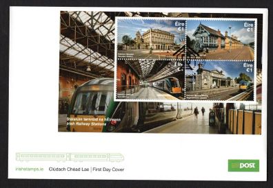 2017 Ireland Irish Railway Stations (Heuston, Clarke, Kent & Bagnelstown) Commemorative Stamps Miniature Sheet An Post First Day Cover (FDC)