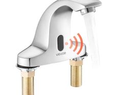 Touchless Bathroom Sink Faucet, Automatic Motion Sensor Restroom Toilet Faucet Cold Water with Hole Cover Plate, Battery Operated for 9.5 mm Pipe Commercial Lavatory,Chrome Plated Silver