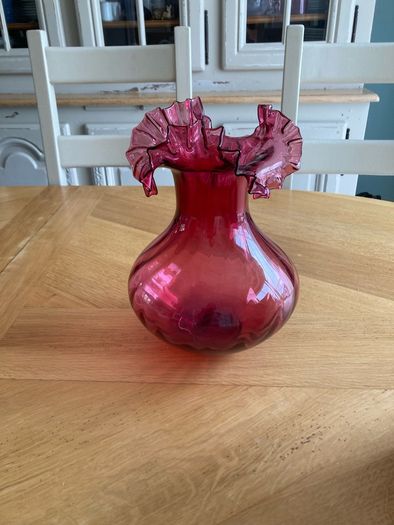 Stunning Oversized Cranberry Glass Vase . Hand blown glass with ruffle edge