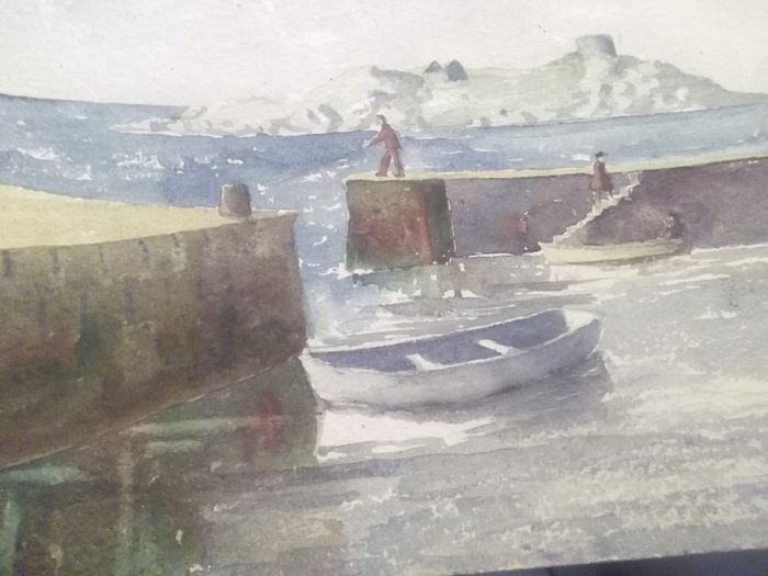 a water colour painting of a harbour,irelands eye