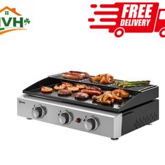 Gas Grill 7.5 kW Portable Table Grill with 3 Burners Ceramic Coating Grill Plate Warming Rack