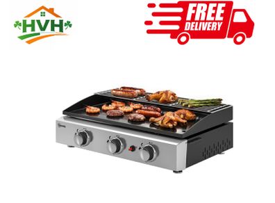 Gas Grill 7.5 kW Portable Table Grill with 3 Burners Ceramic Coating Grill Plate Warming Rack