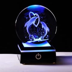 80MM Crystal Ball Dolphins Gifts for Women Double Dolphins Heart Love Sphere with Colorful LED Stand Paperweight Ornaments, Valentine's Gfits for Gilfriend