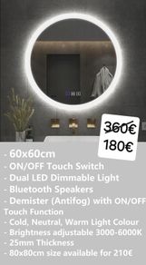 LED Bathroom Mirror Bluetooth Speakers Antifog Dual LEd 60x60cm Round Circle