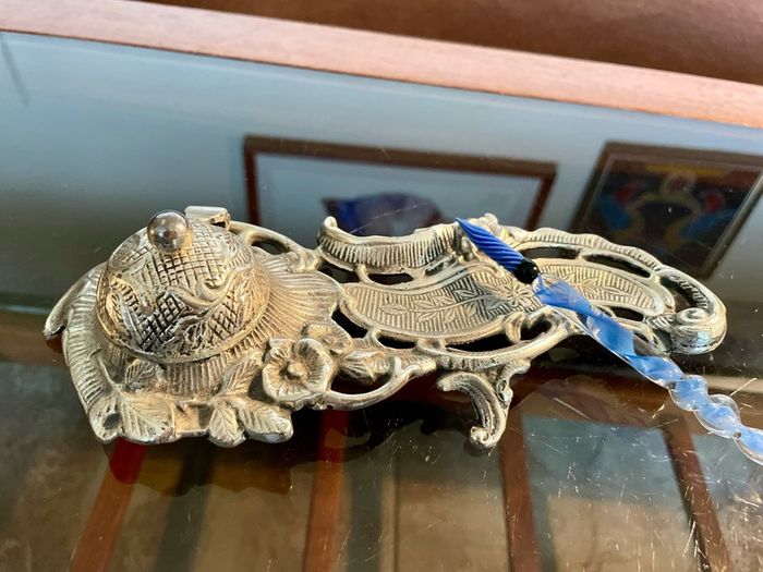 Vintage Art Nouveau Style Inkwell with Pen Tray Ink Pot Insert and Glass Dip Pen
