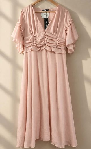BNWT Boohoo Blush Pink Pleated Ruffle Midi Smock dress UK 16