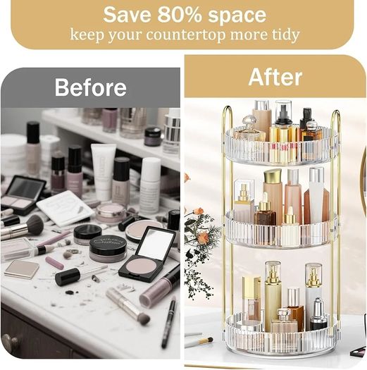 360 Rotating Makeup Organiser, 3 Tiers Spinning Skincare Organiser, Multi-Function Make Up Storage, Large Capacity Cosmetic Perfume Stand for Vanity, Bathroom and Bedroom