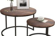 Black Round Coffee Table Set of 2 Side Table for Living Room,Industrial Stacking End Tables,Wood Look Accent Furniture with Metal Frame for Bedroom Decorations