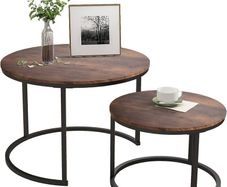 Black Round Coffee Table Set of 2 Side Table for Living Room,Industrial Stacking End Tables,Wood Look Accent Furniture with Metal Frame for Bedroom Decorations