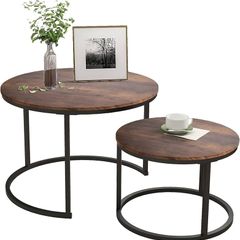 Black Round Coffee Table Set of 2 Side Table for Living Room,Industrial Stacking End Tables,Wood Look Accent Furniture with Metal Frame for Bedroom Decorations