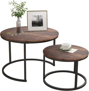 Black Round Coffee Table Set of 2 Side Table for Living Room,Industrial Stacking End Tables,Wood Look Accent Furniture with Metal Frame for Bedroom Decorations