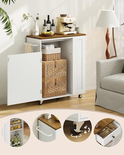 Rolling Kitchen Island Cart with Storage Space Kitchen Island Table with Trash Can, 5 Swivel Castors, Drawer, Spice Rack and Towel Holder for Kitchen