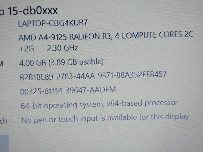 HP 15.6 inch Laptop, Model 15-db0043na,  AMD A4-9125 Radeon R3, 4 Compute Cores 2C + 2G, 2.3GHz, 4GB Ram, 1 Terrabyte Hdd, Windows 10, Microsoft Edge, Chrome and VLC