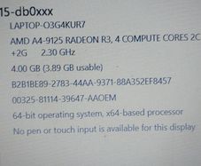 HP 15.6 inch Laptop, Model 15-db0043na,  AMD A4-9125 Radeon R3, 4 Compute Cores 2C + 2G, 2.3GHz, 4GB Ram, 1 Terrabyte Hdd, Windows 10, Microsoft Edge, Chrome and VLC