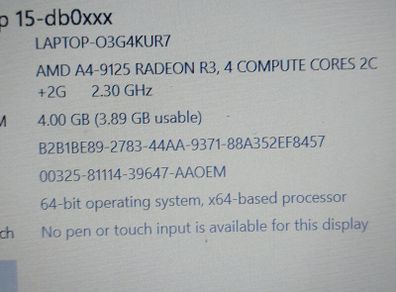 HP 15.6 inch Laptop, Model 15-db0043na,  AMD A4-9125 Radeon R3, 4 Compute Cores 2C + 2G, 2.3GHz, 4GB Ram, 1 Terrabyte Hdd, Windows 10, Microsoft Edge, Chrome and VLC