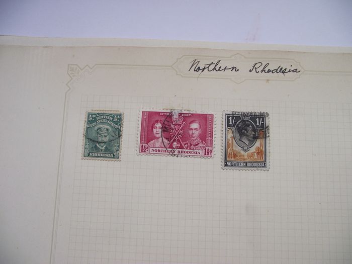 A collection of stamps from Northern Rhodesia, Southern Rhodesia, Rhodesia, South Africa and Nyasaland on loose pages