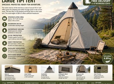 4 Person Teepee Tent Ground Pan Insect Screen Headroom Waterproof