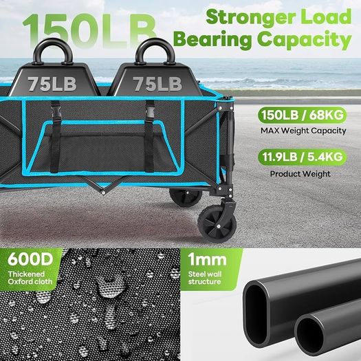 Festival Trolley on Wheels, Morpilot Folding Camping Cart 150L Foldable Garden Wagon with Adjustable Handle Collapsible Foldable Trollys for Beach Picnic Shopping Fishing Outdoor