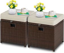 2 Pieces Outdoor Patio Ottomans, PE Rattan Foot Stool with Storage All Weather Outdoor Ottomans Footrest Seat with Removable Cushion(White)