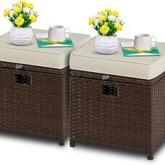 2 Pieces Outdoor Patio Ottomans, PE Rattan Foot Stool with Storage All Weather Outdoor Ottomans Footrest Seat with Removable Cushion(White)