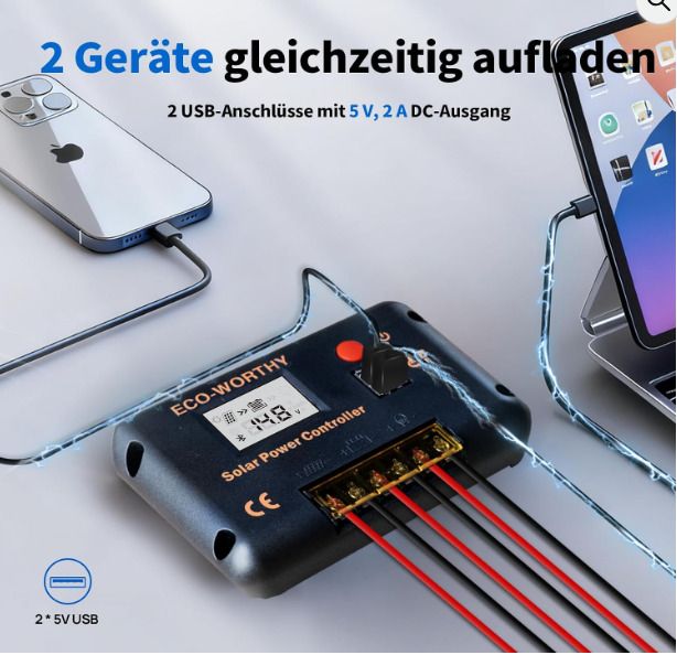 ECO-WORTHY 30A 12V/24V PWM USB Solar Panel Charge Controller
