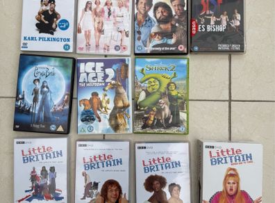 DVD bundle including Little Britain box set (series 1-3), Ice age 2, An idiot abroad, Shrek 2, Des Bishop live, Tim Burtons Corpse Bride, The Hangover and Sex in the city The Movie.