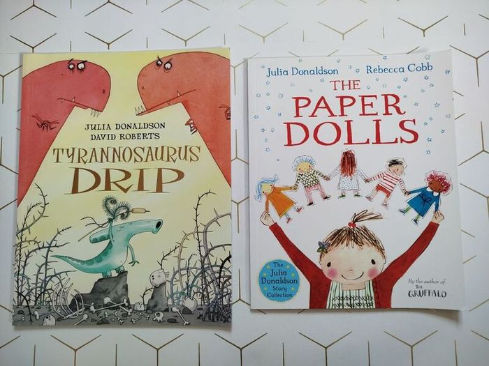 Julia Donaldson books: Paper dolls, the scarecrows wedding, Charlie Cook's favourite book, Tyrannosaurus drip