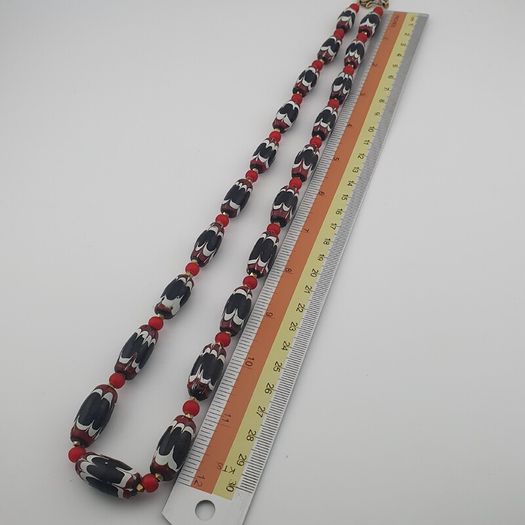 Antique Venetian Style Black Trade & Red Venetian Whiteheart Glass Beads Necklace