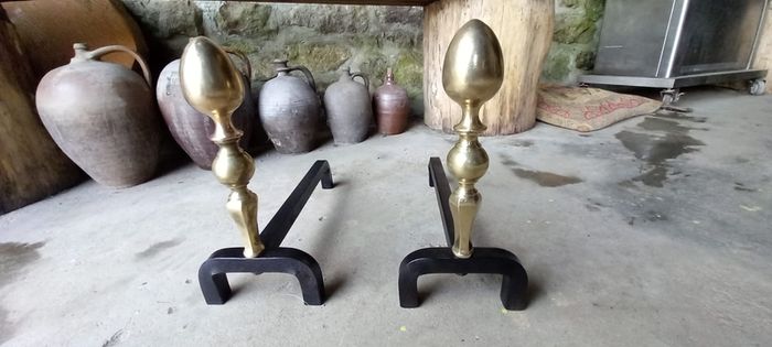 Antique Fire dogs and 4 piece fire set solid brass tops and steel