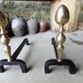 Antique Fire dogs and 4 piece fire set solid brass tops and steel Image 10