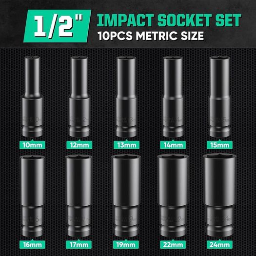 Deep Impact Socket Set 11PCS 1/2 Inch Socket Set 10mm-24mm with Extension Bar and Storage Case for Automotive DIY Repair