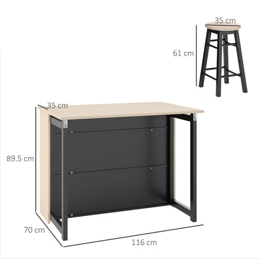 3-pc. Bar set, Bar table with foldable tabletop, 2 bar stools, 6 storage compartments, black+oak, 116 x 70 x 89.5 cm