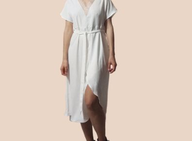 White & Gold Lace Dress with V-Neck and Ruffles  Size S