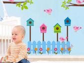 Big Removable PINK BIRDS POSTBOX FLOWERS and FENCE Wall sticker Art Decal Nursery Room