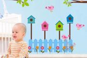 Big Removable PINK BIRDS POSTBOX FLOWERS and FENCE Wall sticker Art Decal Nursery Room