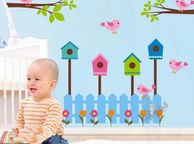 main image for ad Big Removable PINK BIRDS POSTBOX FLOWERS and FENCE Wall sticker Art Decal Nursery Room