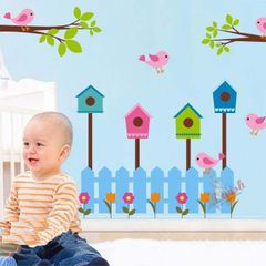 Big Removable PINK BIRDS POSTBOX FLOWERS and FENCE Wall sticker Art Decal Nursery Room