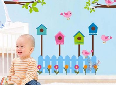 Big Removable PINK BIRDS POSTBOX FLOWERS and FENCE Wall sticker Art Decal Nursery Room