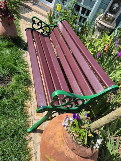 Garden Bench Cast iron fully restored seat outside outdoor garden sitting treated timber decorations, furniture patio  decking, home house cottage ignore flowers pots plants, garden statue chair  swing patio heater bbq hammock sun  farm shop gift