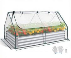 Raised Garden Bed with Cover, 1800 x 900 x 300 mm, Rectangular Galvanized Metal Planter Box Outdoor, with PE Greenhouse Cover & Gloves, Rustproof Alu-Zinc, for Growing Flowers Vegetables, Silver
