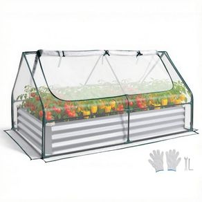 Raised Garden Bed with Cover, 1800 x 900 x 300 mm, Rectangular Galvanized Metal Planter Box Outdoor, with PE Greenhouse Cover & Gloves, Rustproof Alu-Zinc, for Growing Flowers Vegetables, Silver
