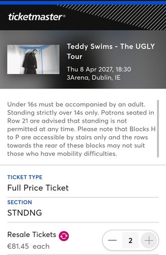 Teddy Swims - The UGLY Tour Thu 8 Apr 2027, 18:30 3Arena, Dublin, IE