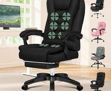 Office Chair with 8-point Massage Seat Heated, PC Desk Gaming Chair with Armrests Footrest High Back 150 Recliner Tilt Padded Swivel Fabric Linen, Black