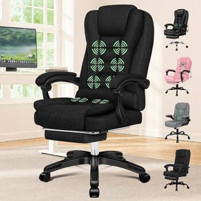 Office Chair with 8-point Massage Seat Heated, PC Desk Gaming Chair with Armrests Footrest High Back 150 Recliner Tilt Padded Swivel Fabric Linen, Black