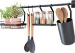 Kitchen Wall Organiser, Metal Hanging Storage with 2 Hooks, Small Shelf, Kitchen Utensil Holder and Spice Rack, Matte Black, 63.8 x 14.5 x 23.8 cm