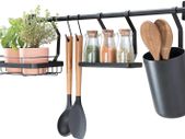 Kitchen Wall Organiser, Metal Hanging Storage with 2 Hooks, Small Shelf, Kitchen Utensil Holder and Spice Rack, Matte Black, 63.8 x 14.5 x 23.8 cm