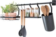 Kitchen Wall Organiser, Metal Hanging Storage with 2 Hooks, Small Shelf, Kitchen Utensil Holder and Spice Rack, Matte Black, 63.8 x 14.5 x 23.8 cm